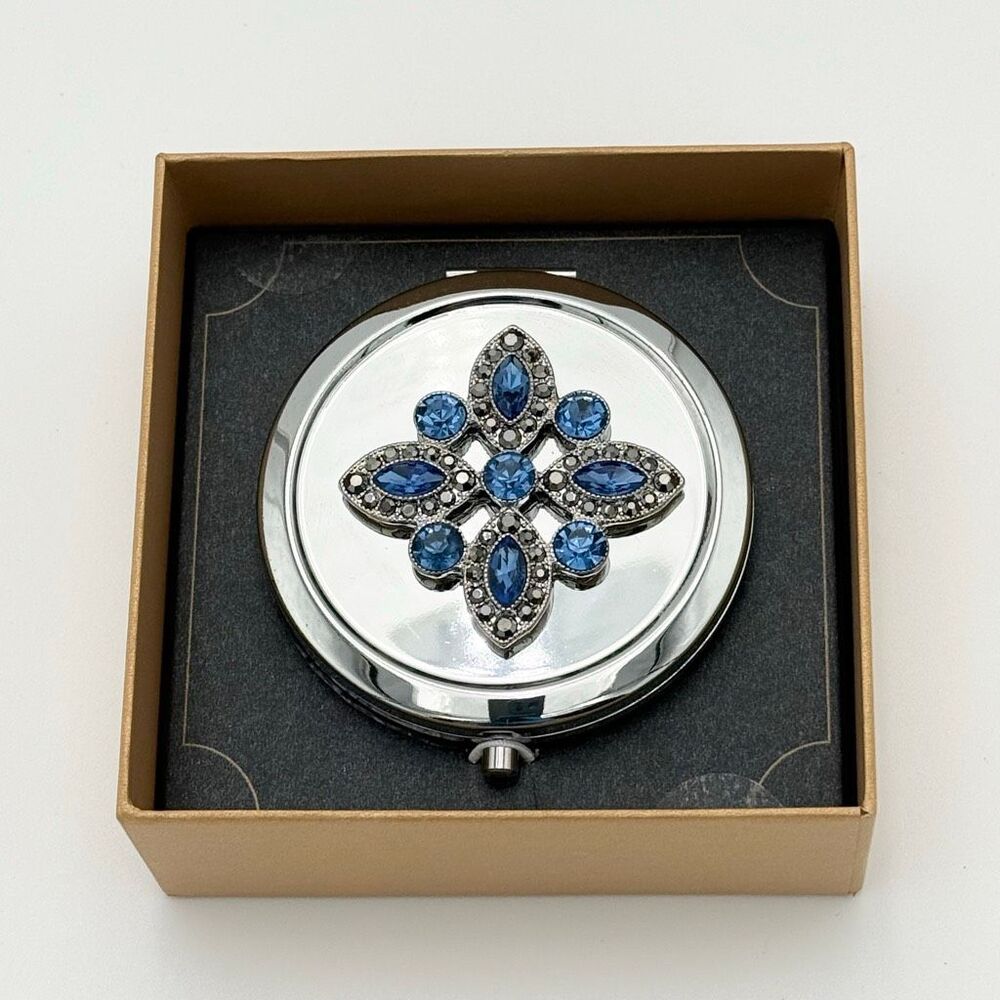 Monet Jewel Compact Mirror With Blue Rhinestone Design Silver Tone Finish NIB